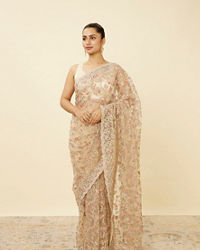 Mohey Women Ivory White Net Saree with Bel Booti Patterns