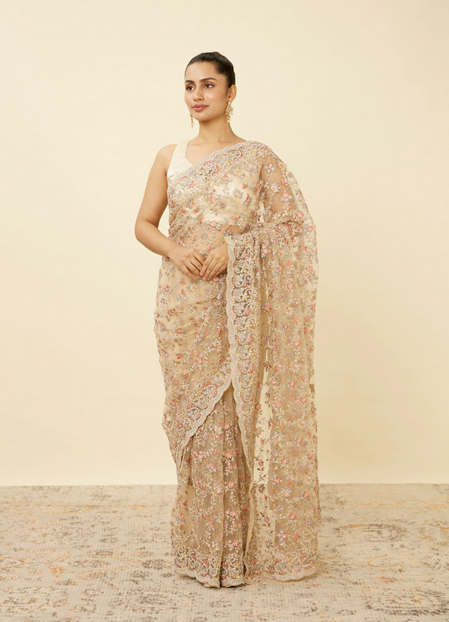Mohey Women Ivory White Net Saree with Bel Booti Patterns