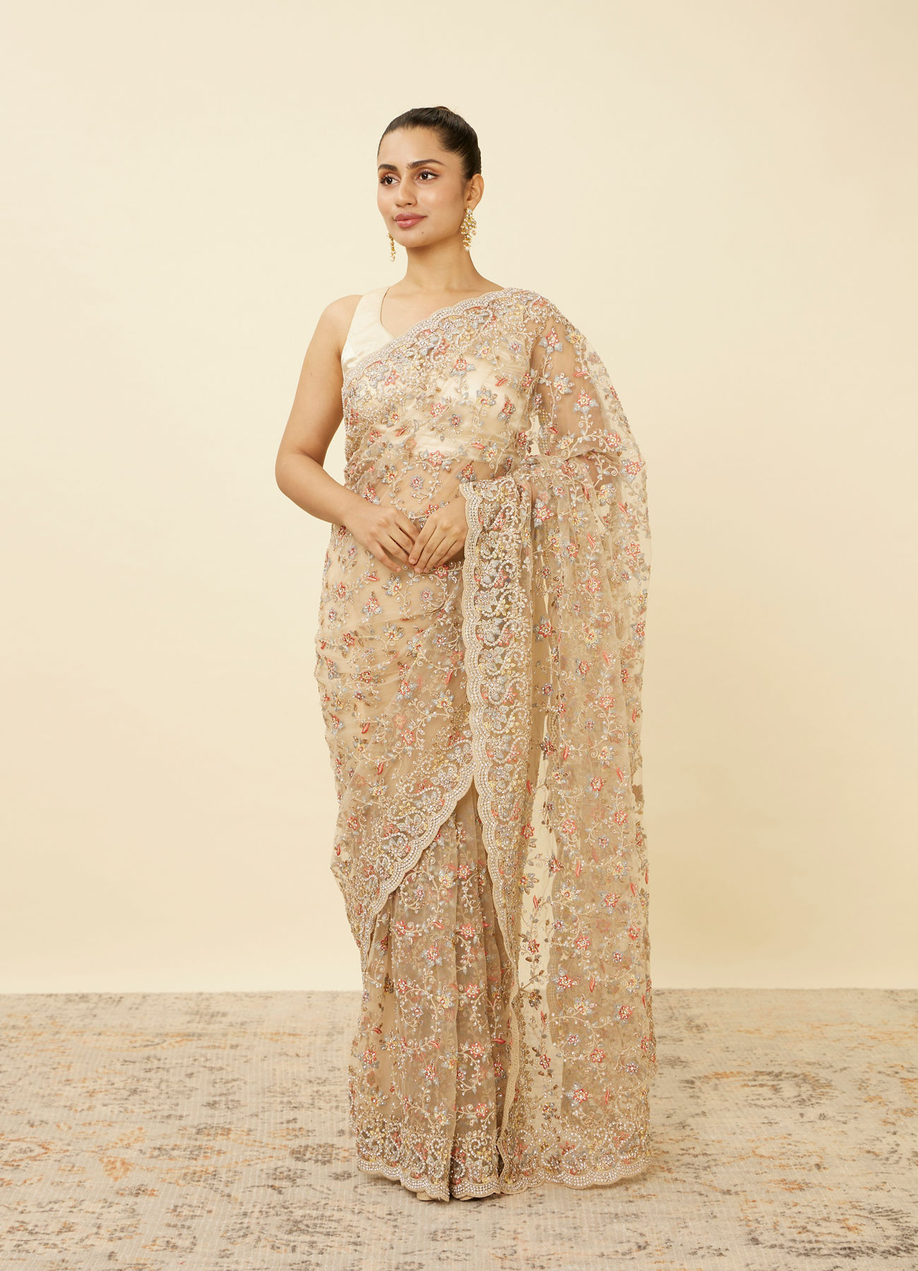 Mohey Women Ivory White Net Saree with Bel Booti Patterns