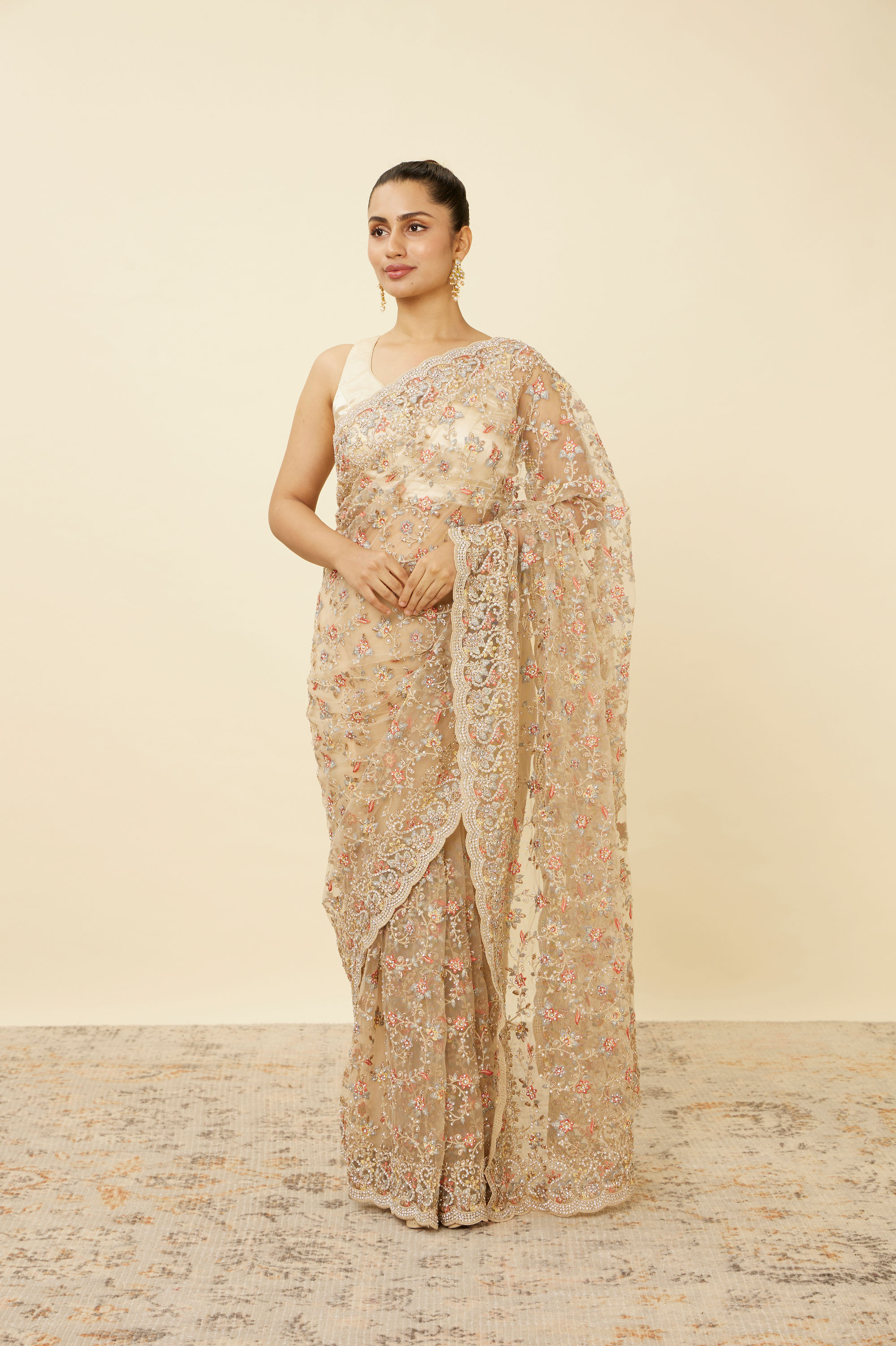 Mohey Women Ivory White Net Saree with Bel Booti Patterns