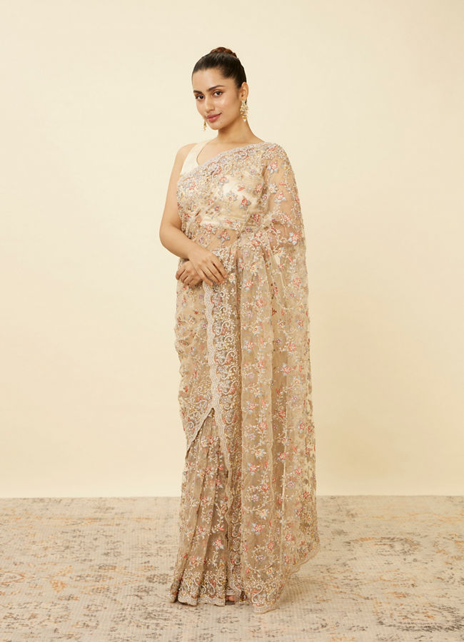 Mohey Women Ivory White Net Saree with Bel Booti Patterns
