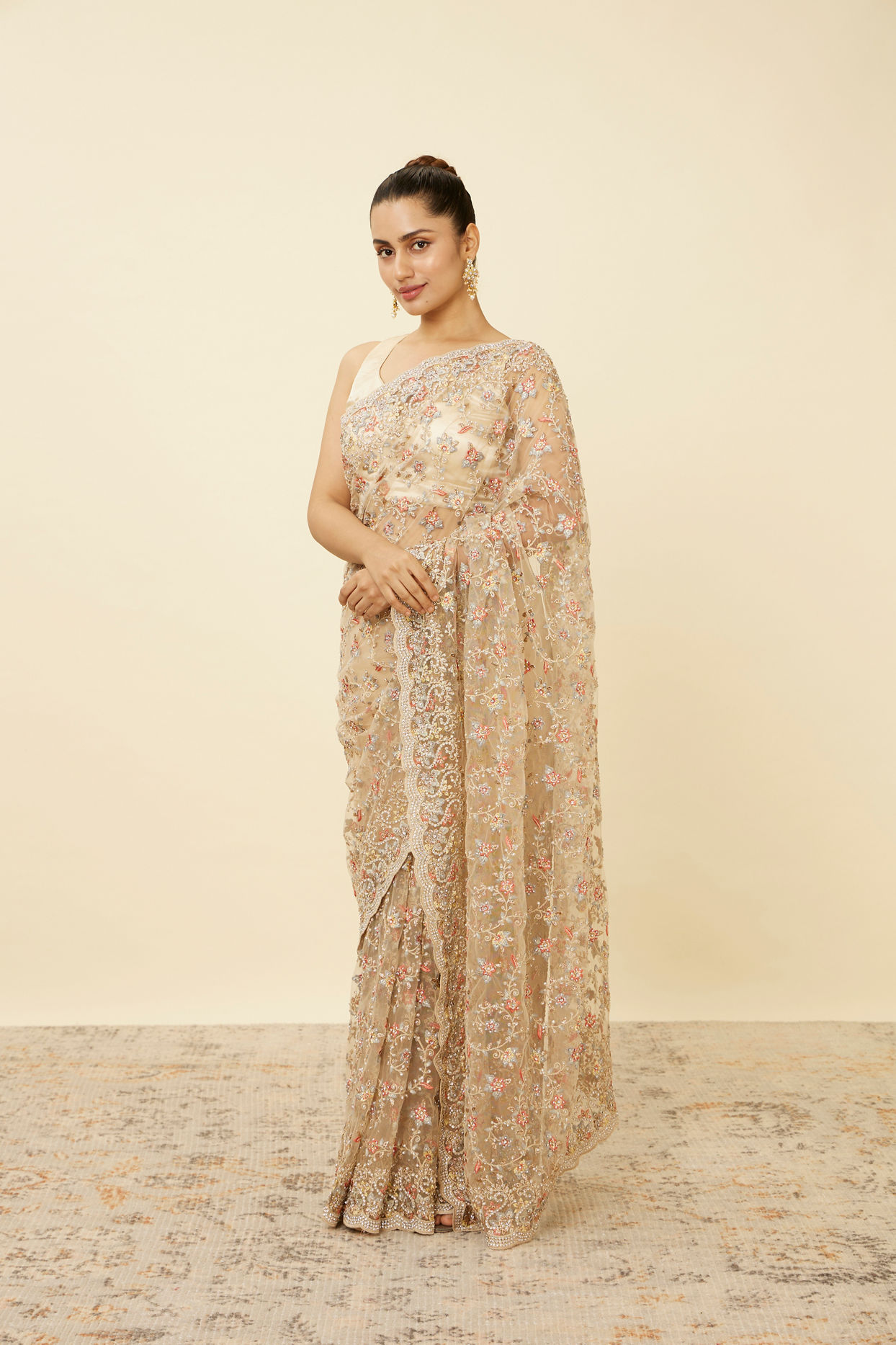 Mohey Women Ivory White Net Saree with Bel Booti Patterns
