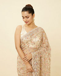 Mohey Women Ivory White Net Saree with Bel Booti Patterns