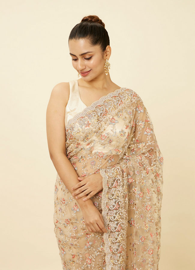 Mohey Women Ivory White Net Saree with Bel Booti Patterns
