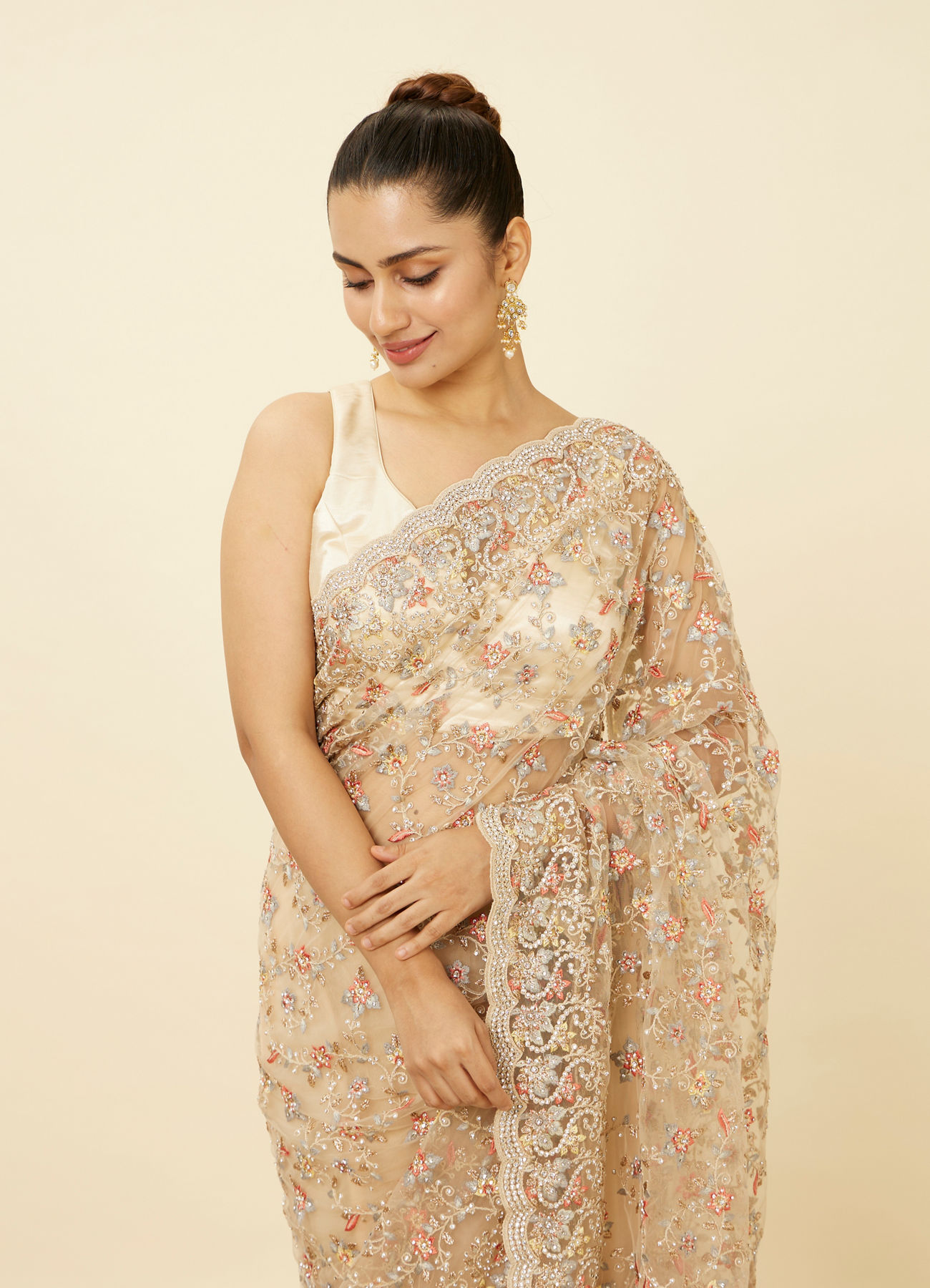 Mohey Women Ivory White Net Saree with Bel Booti Patterns