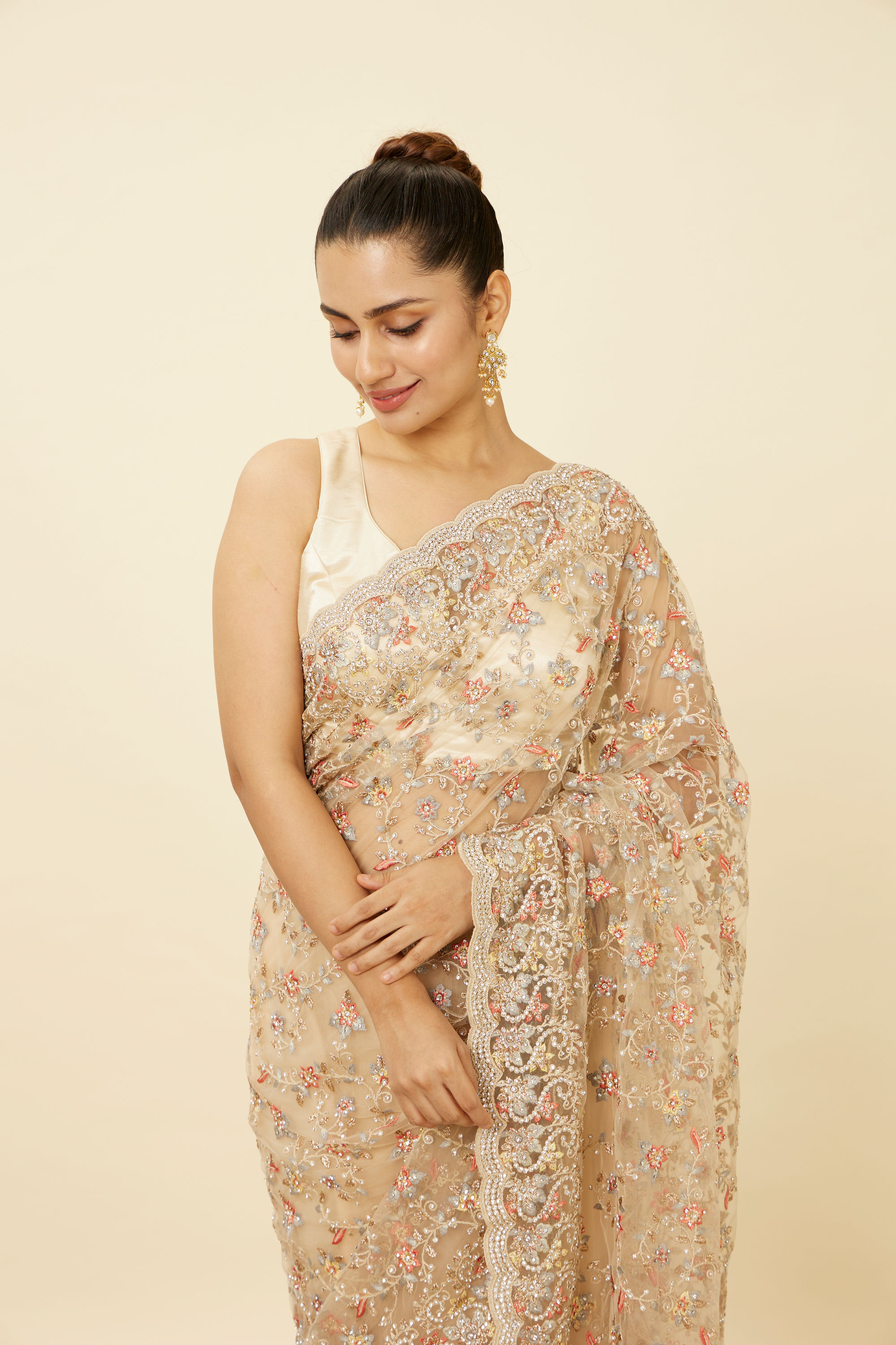 Mohey Women Ivory White Net Saree with Bel Booti Patterns