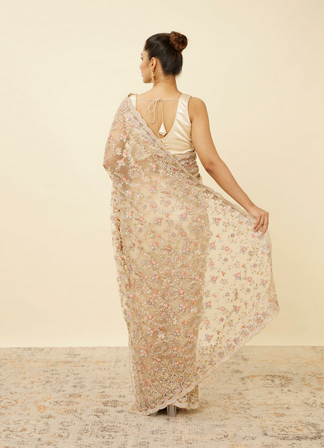 Mohey Women Ivory White Net Saree with Bel Booti Patterns