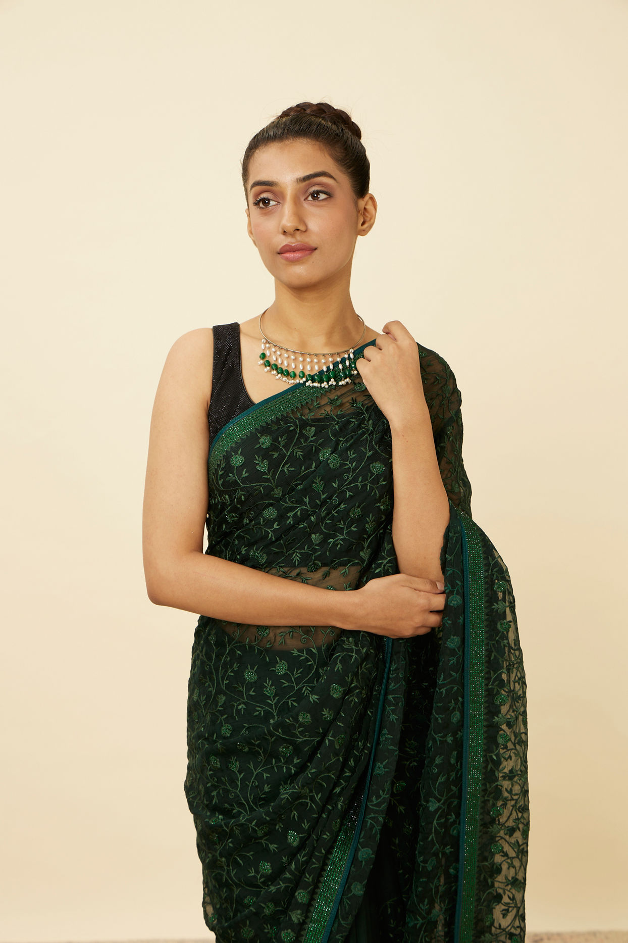 Buy Bottle Green Patterned Saree with Embellished Borders Online