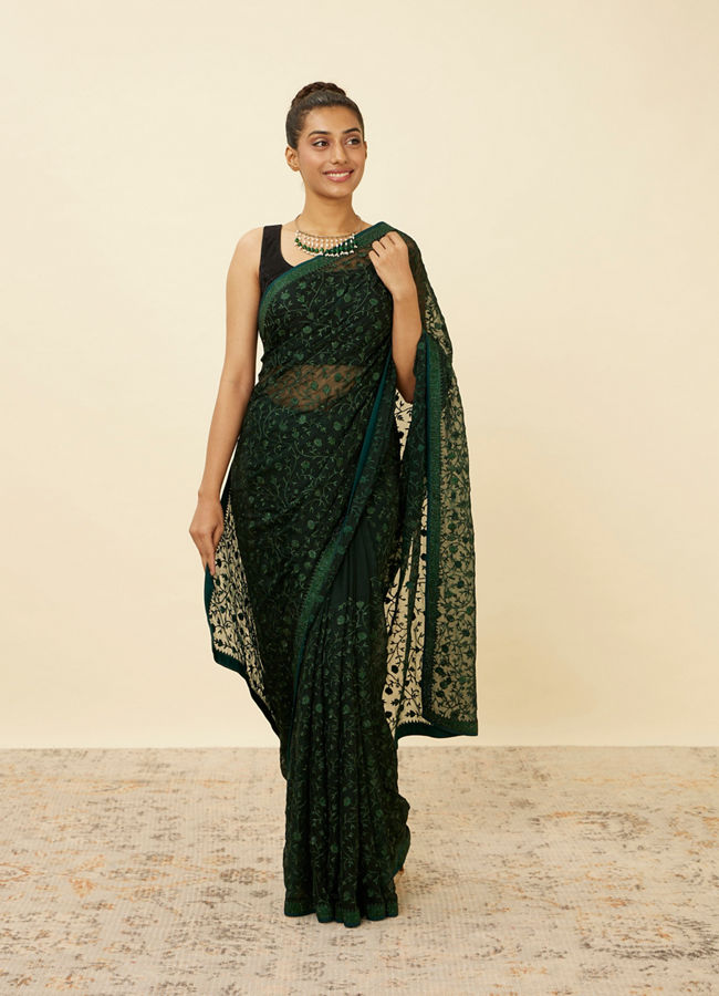 alt message - Mohey Women Bottle Green Patterned Saree with Embellished Borders image number 0