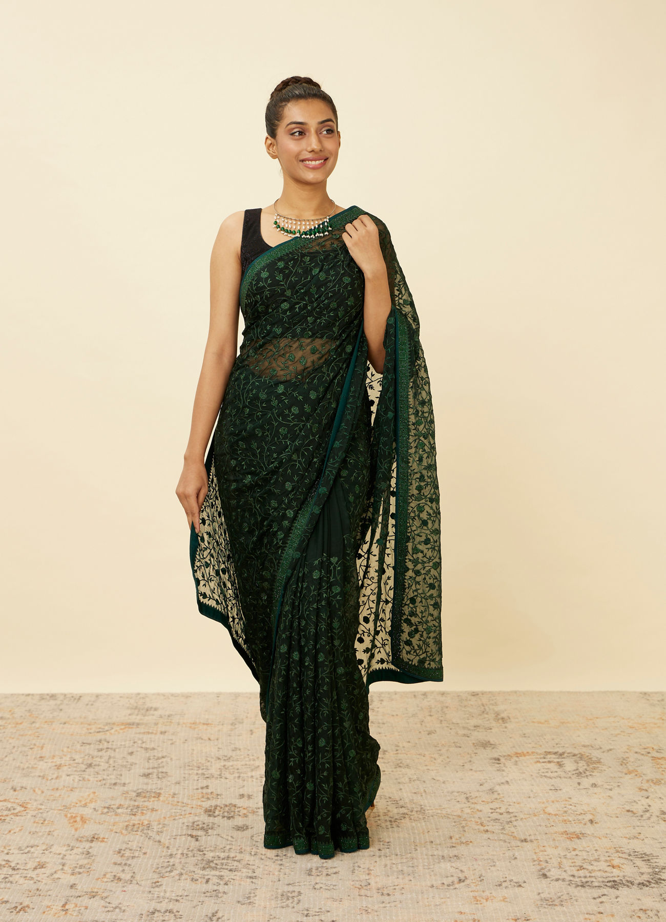 Mohey Women Bottle Green Patterned Saree with Embellished Borders