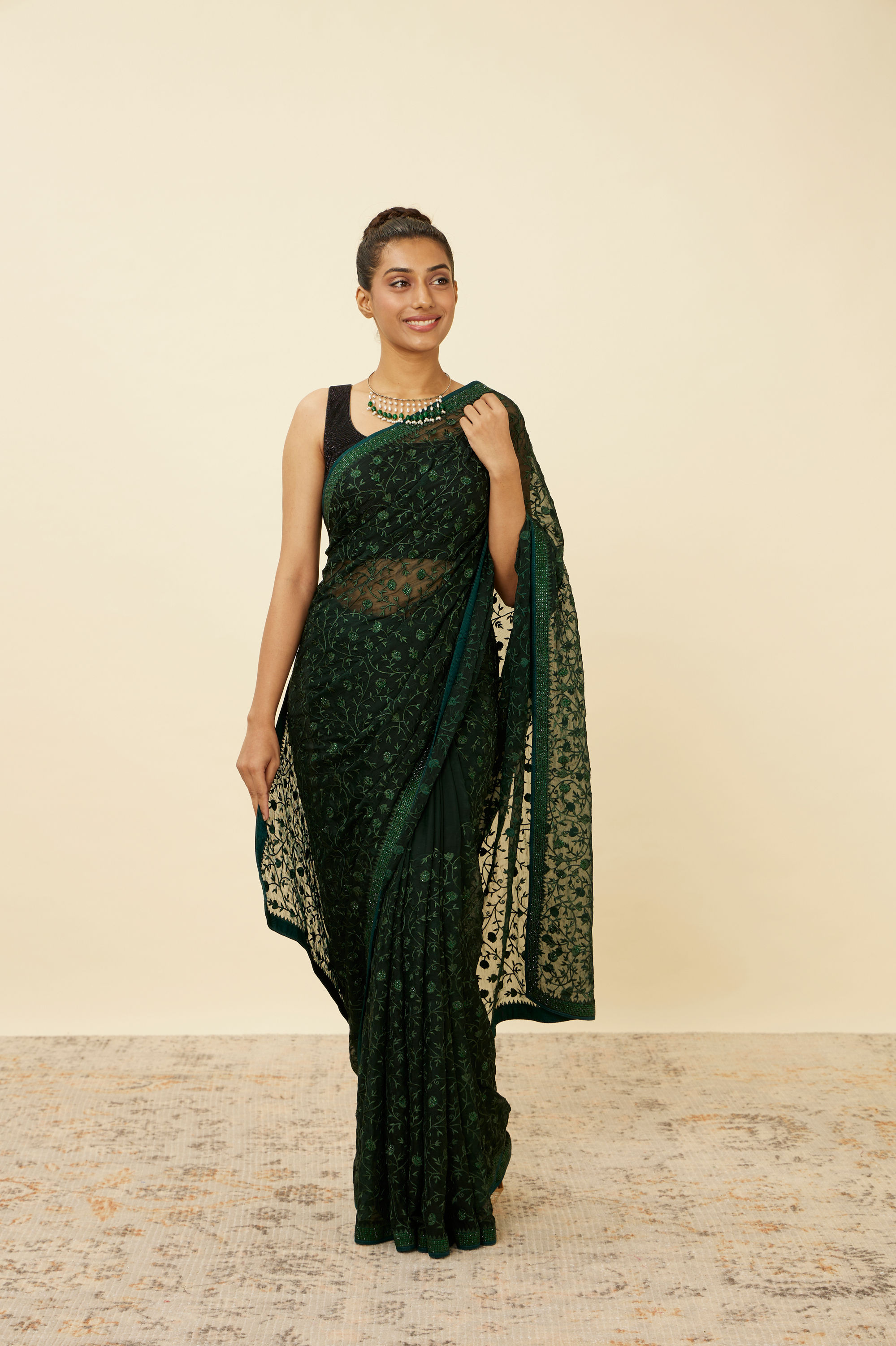 Mohey Women Bottle Green Patterned Saree with Embellished Borders