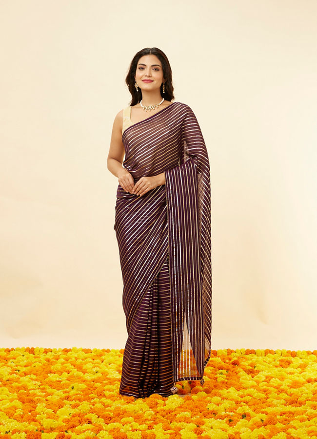 Mohey Women Jamun Purple Gota Patti Striped Saree image number 0