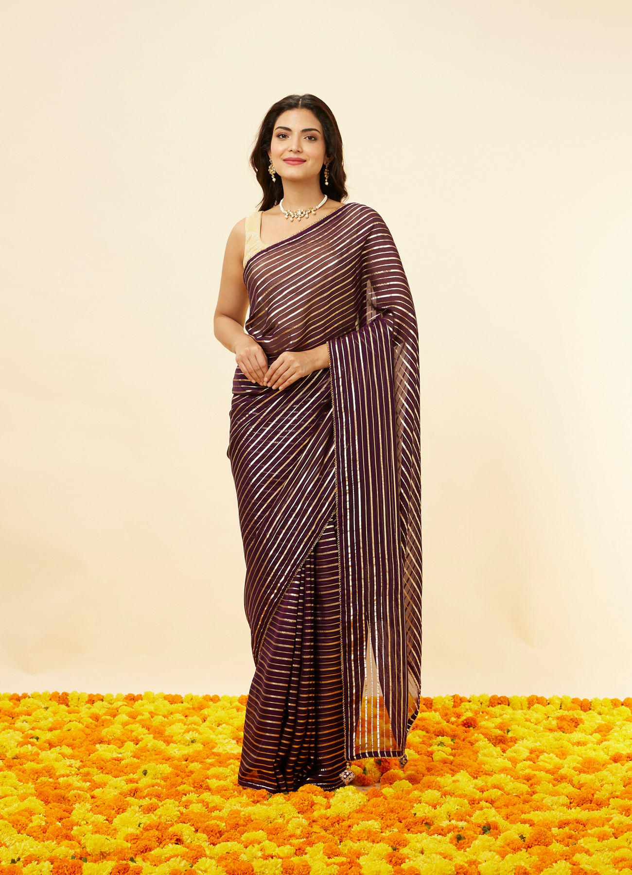 Mohey Women Jamun Purple Gota Patti Striped Saree