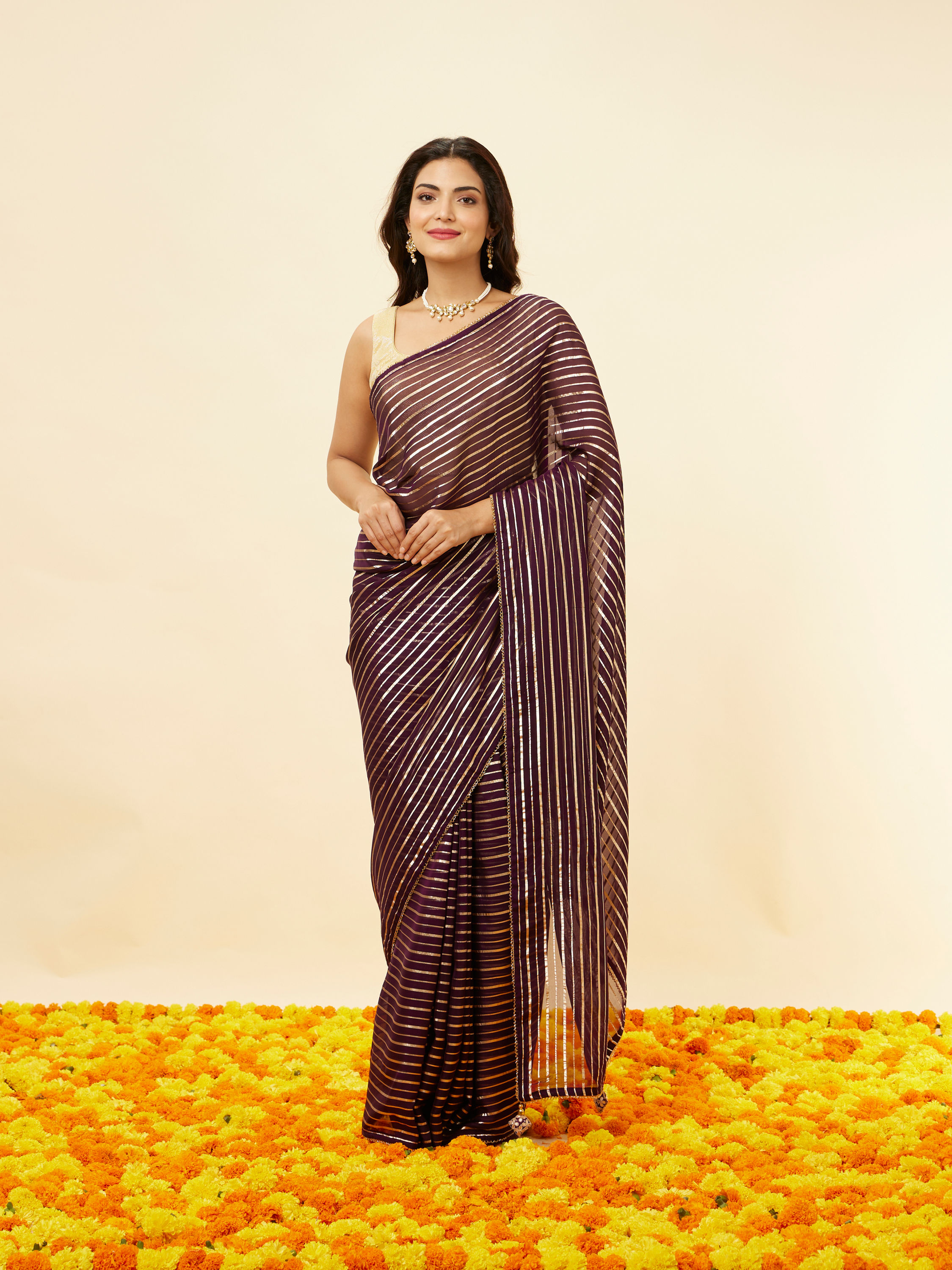 Mohey Women Jamun Purple Gota Patti Striped Saree