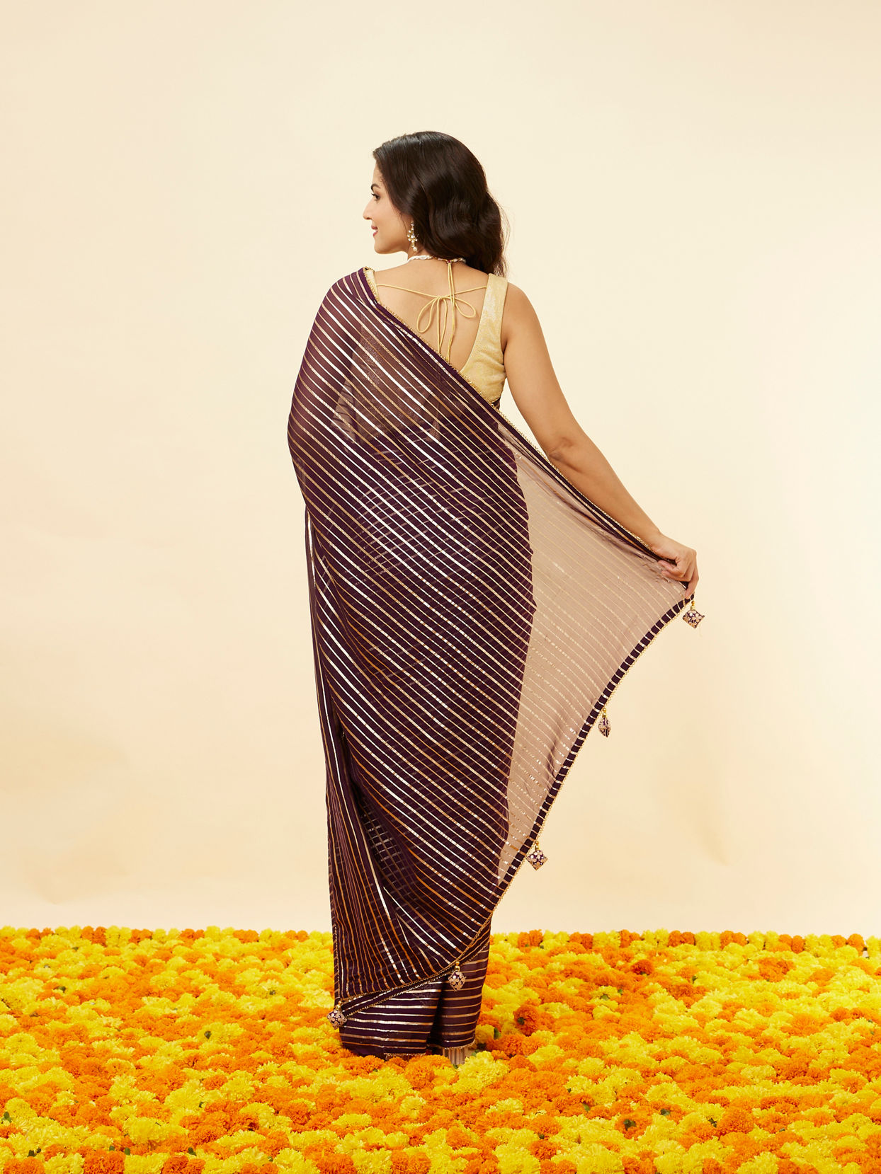Mohey Women Jamun Purple Gota Patti Striped Saree