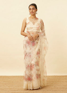 Cream Floral Printed Saree with Paisley Patterned Borders image number 0