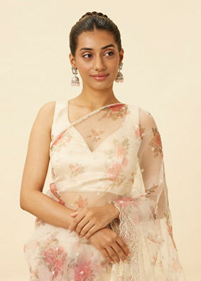 Cream Floral Printed Saree with Paisley Patterned Borders image number 1