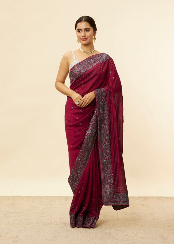 Mohey Women Wine Red Paisley and Floral Patterned Saree