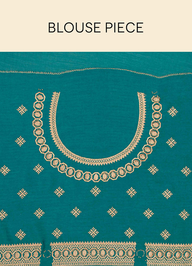 alt message - Mohey Women Teal Green Saree with Geometrical Patterned Borders image number 5