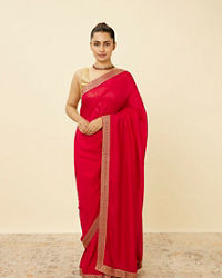 Mohey Women Fiesta Red Saree with Geometrical Patterned Borders