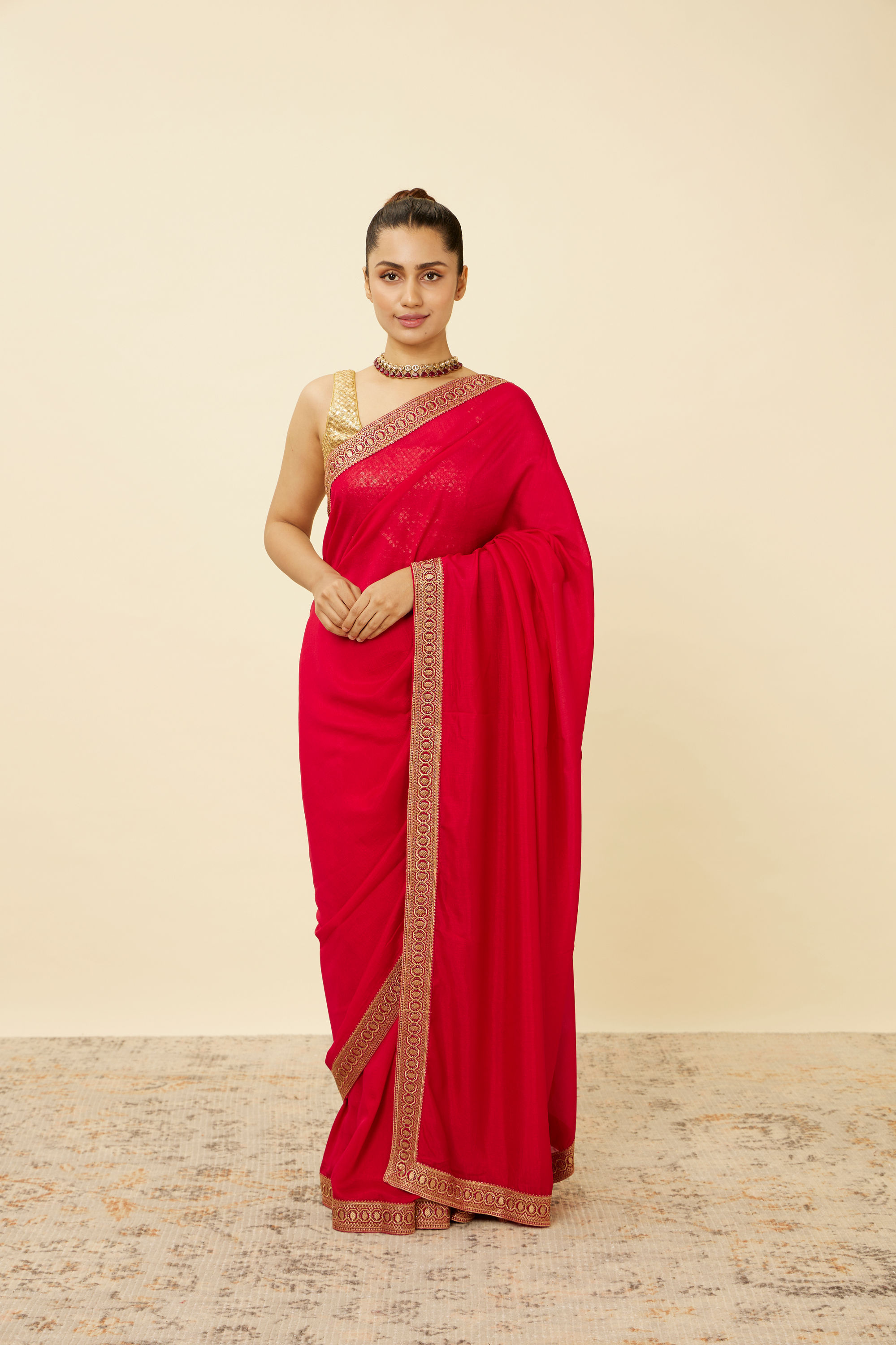 Mohey Women Fiesta Red Saree with Geometrical Patterned Borders