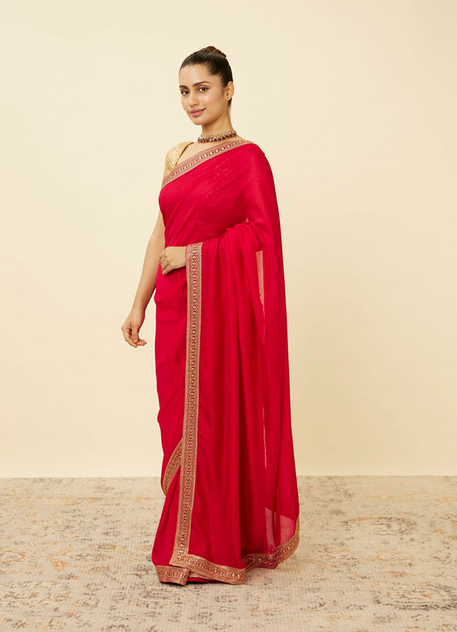 Mohey Women Fiesta Red Saree with Geometrical Patterned Borders