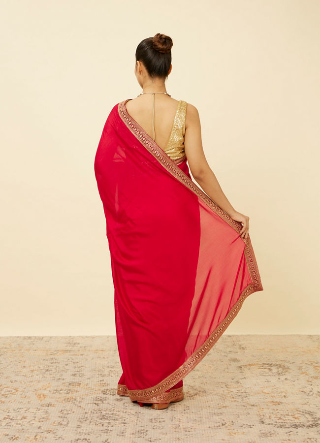Mohey Women Fiesta Red Saree with Geometrical Patterned Borders