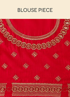 alt message - Mohey Women Fiesta Red Saree with Geometrical Patterned Borders image number 5