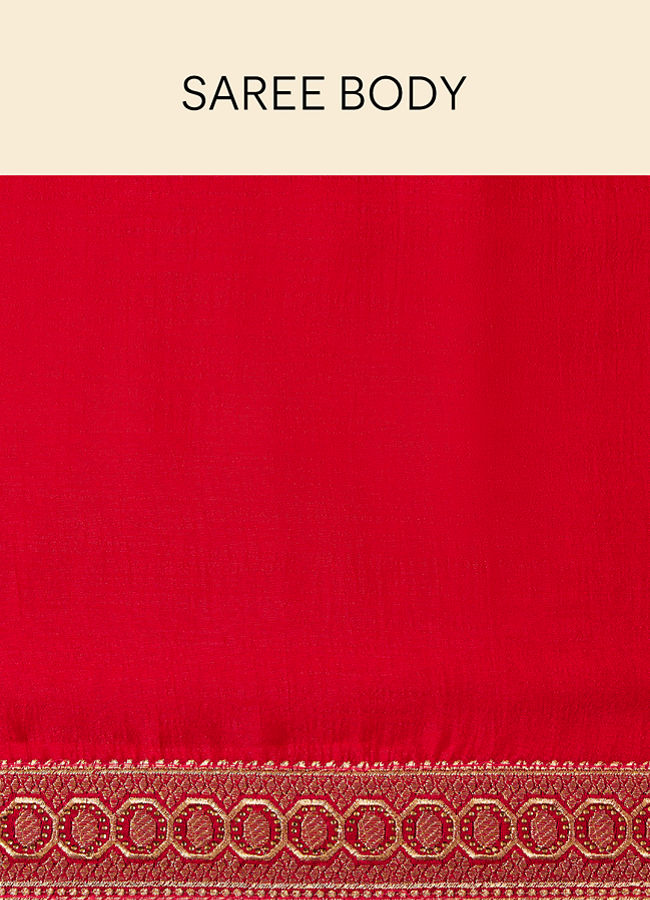Mohey Women Fiesta Red Saree with Geometrical Patterned Borders