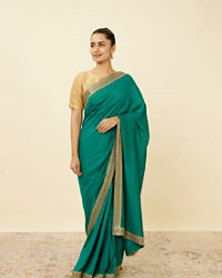 Mohey Women Teal Green Saree with Geometrical Patterned Borders