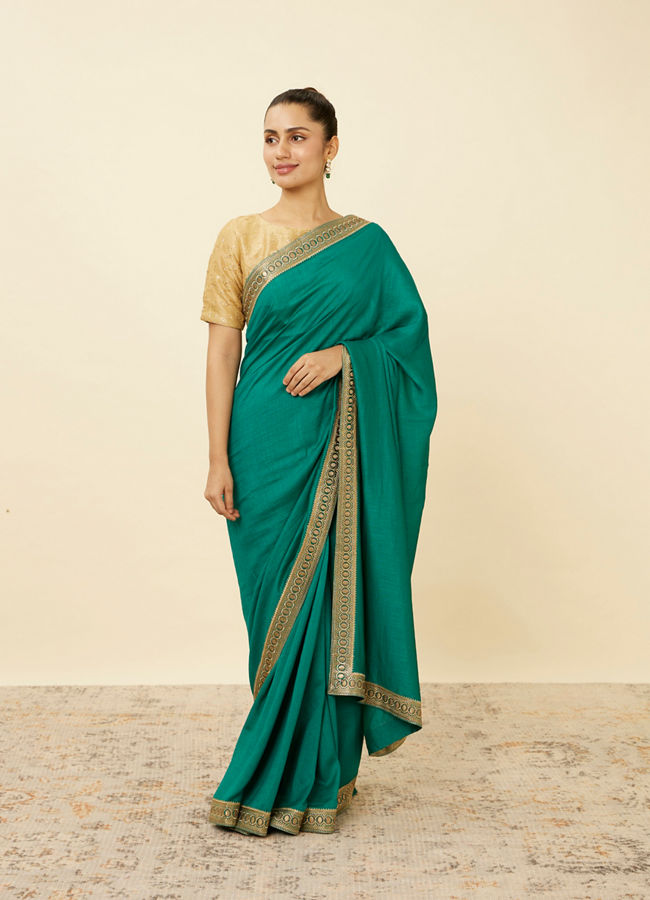 Mohey Women Teal Green Saree with Geometrical Patterned Borders
