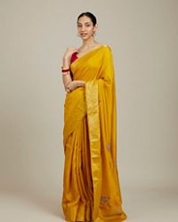 Mohey Women Mustard Yellow Buta Embroidered Saree with Scalloped Borders