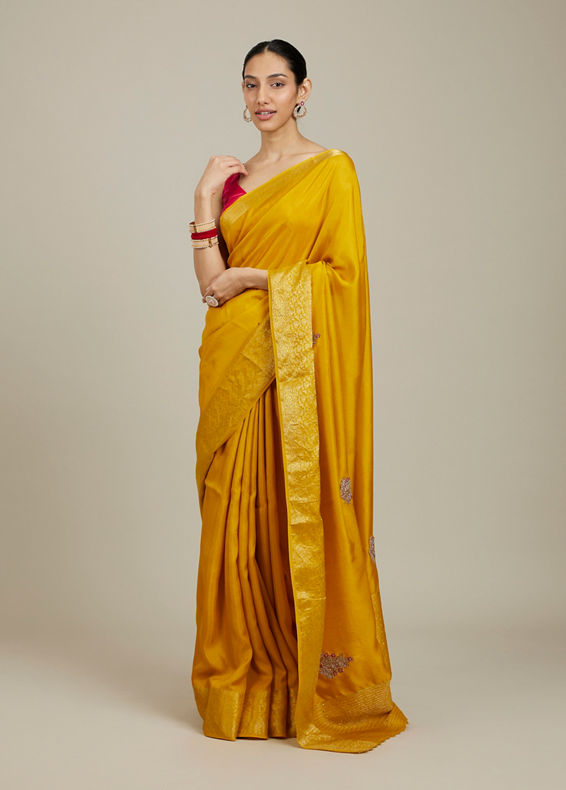 Mohey Women Mustard Yellow Buta Embroidered Saree with Scalloped Borders