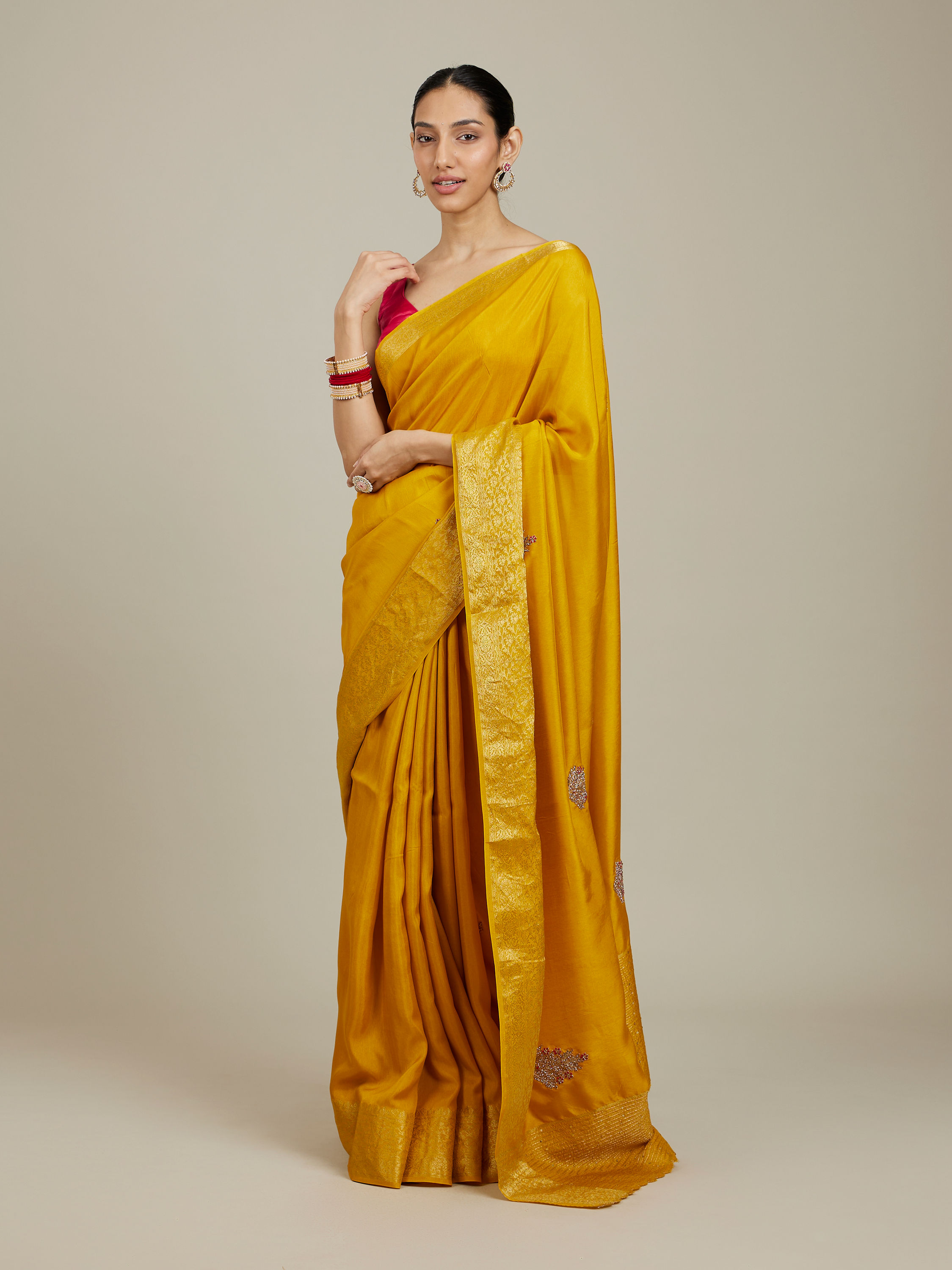 Mohey Women Mustard Yellow Buta Embroidered Saree with Scalloped Borders