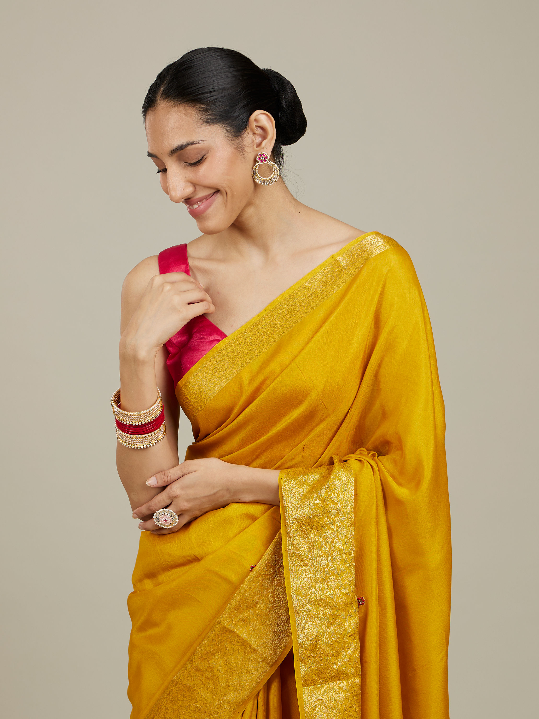 Mohey Women Mustard Yellow Buta Embroidered Saree with Scalloped Borders