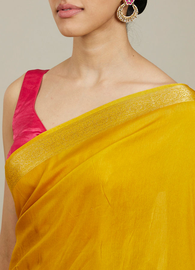 Mohey Women Mustard Yellow Buta Embroidered Saree with Scalloped Borders