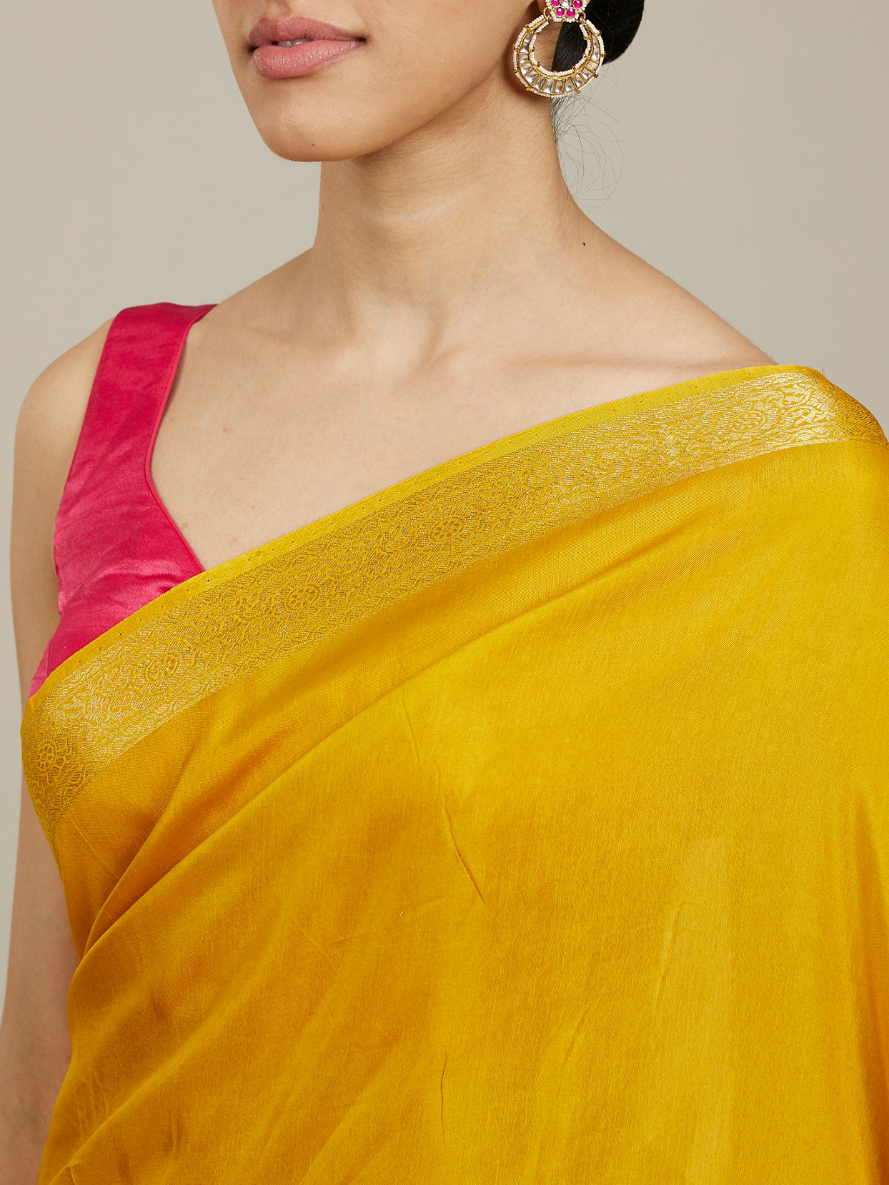 Mohey Women Mustard Yellow Buta Embroidered Saree with Scalloped Borders