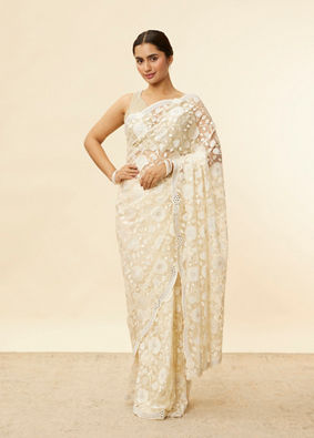 Mohey Women Ivory Cream Bel Buti Patterned Mirror and Stone Work Saree image number 0