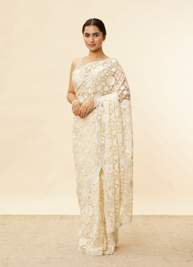 Mohey Women Ivory Cream Bel Buti Patterned Mirror and Stone Work Saree