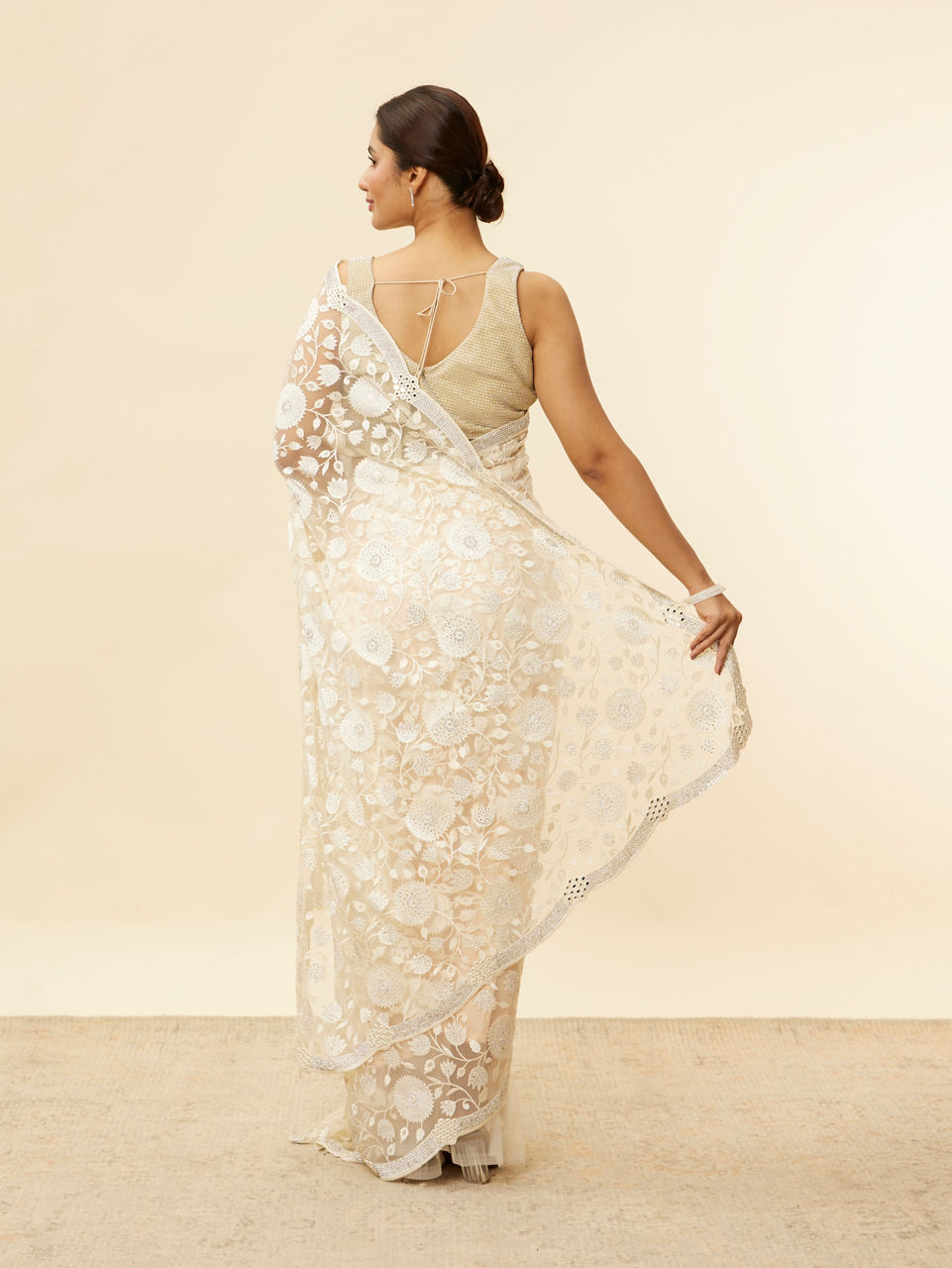 Mohey Women Ivory Cream Bel Buti Patterned Mirror and Stone Work Saree