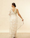 Mohey Women Ivory Cream Bel Buti Patterned Mirror and Stone Work Saree