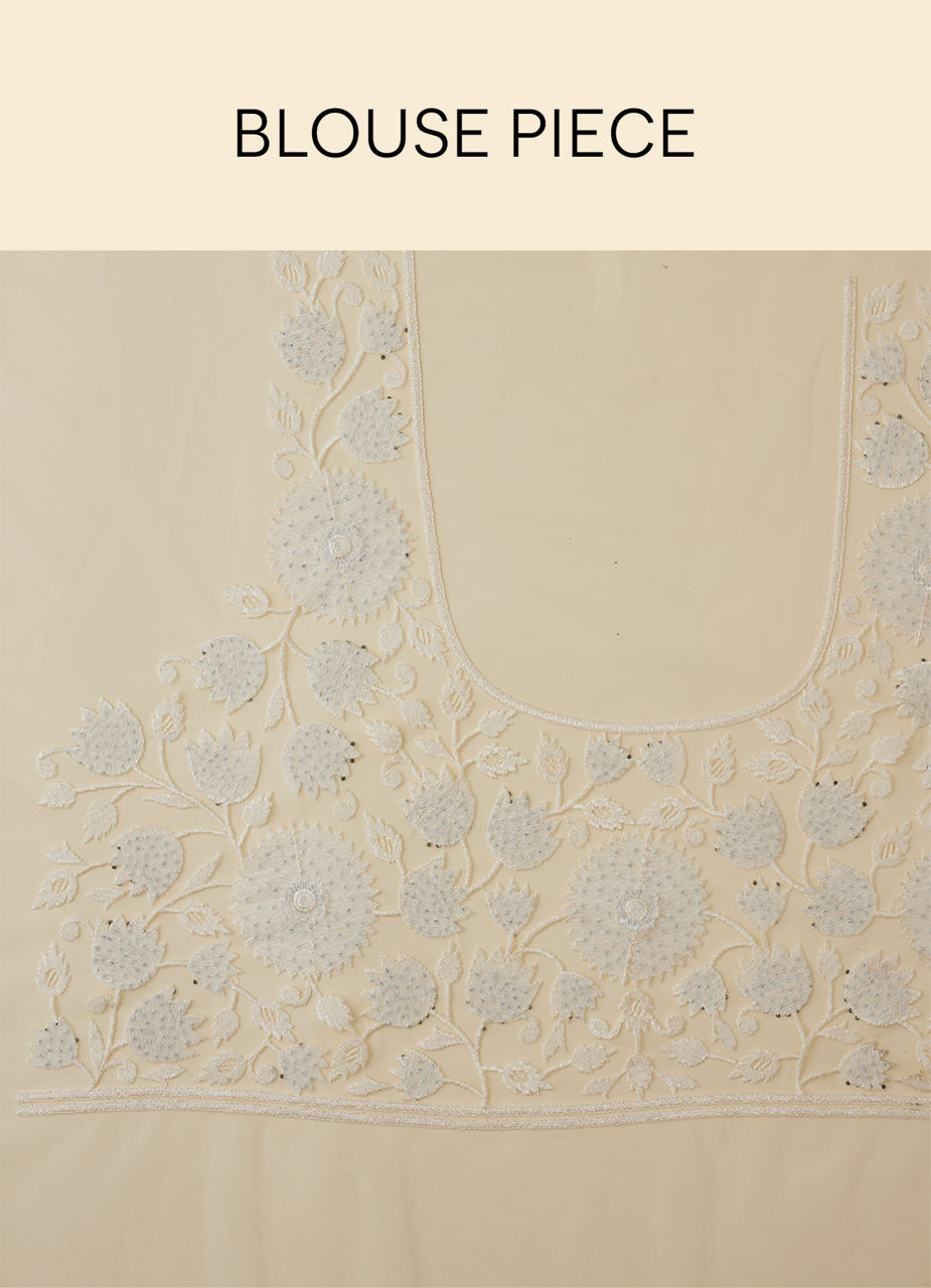 Mohey Women Ivory Cream Bel Buti Patterned Mirror and Stone Work Saree