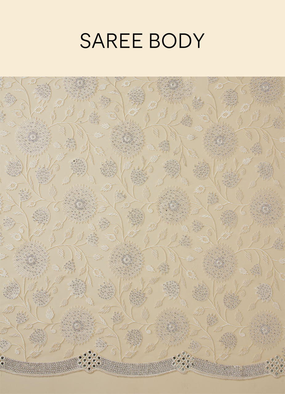 Mohey Women Ivory Cream Bel Buti Patterned Mirror and Stone Work Saree