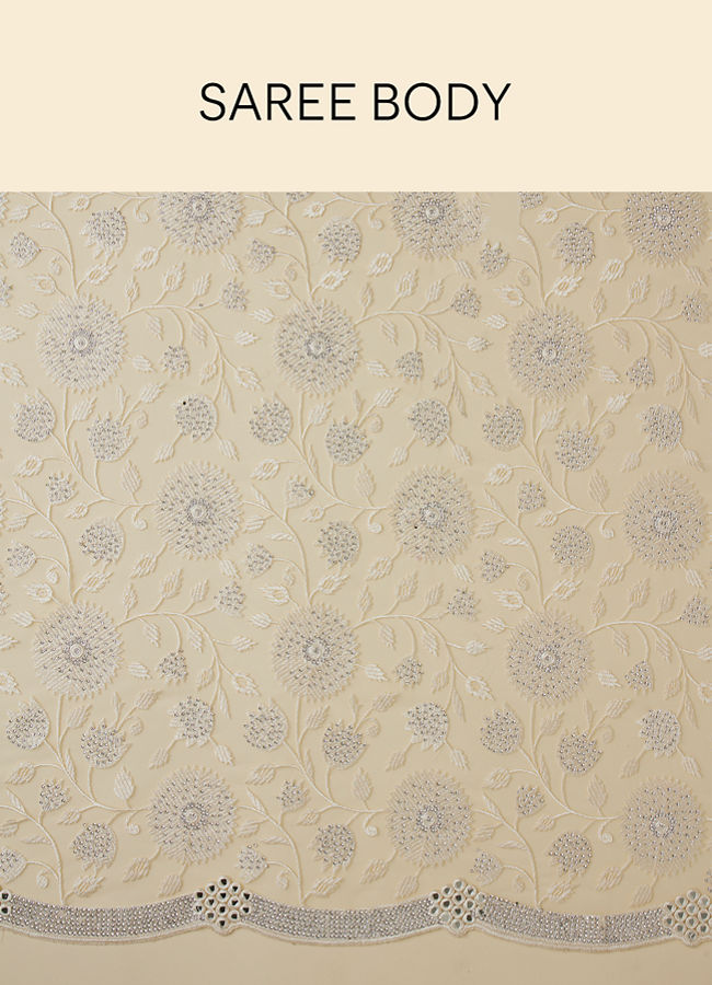 Mohey Women Ivory Cream Bel Buti Patterned Mirror and Stone Work Saree