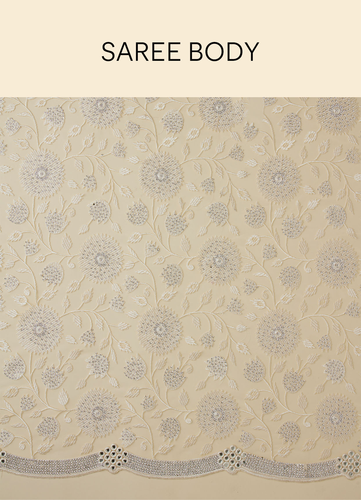 Mohey Women Ivory Cream Bel Buti Patterned Mirror and Stone Work Saree