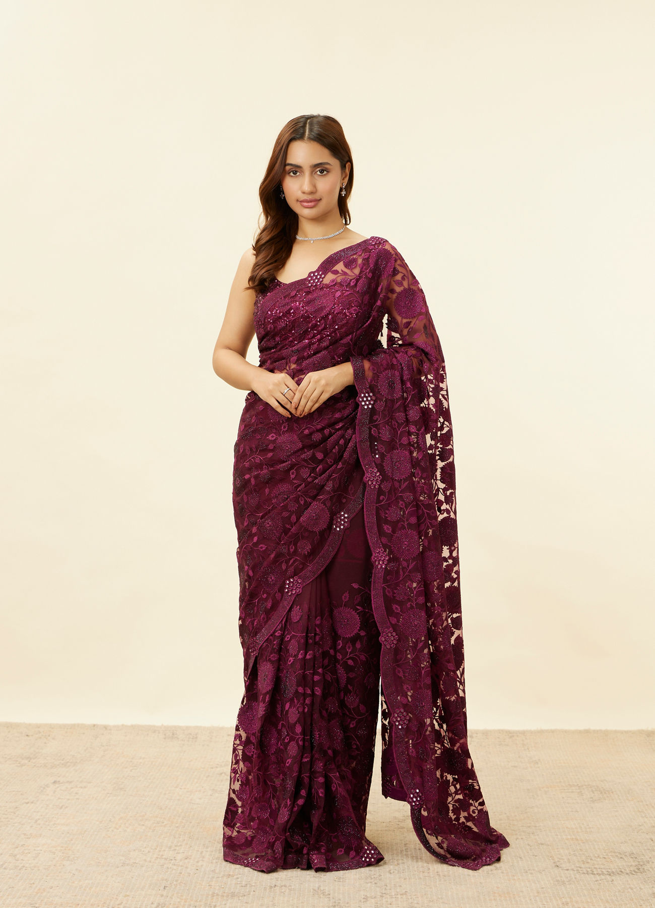 Mohey Women Wine Red Floral Embroidered Saree