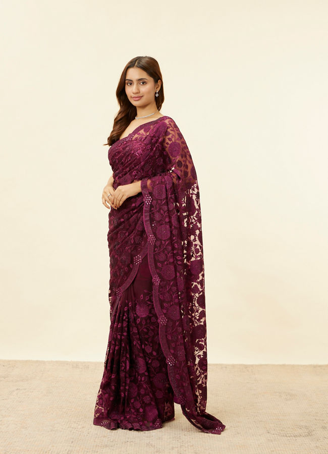 Mohey Women Wine Red Floral Embroidered Saree