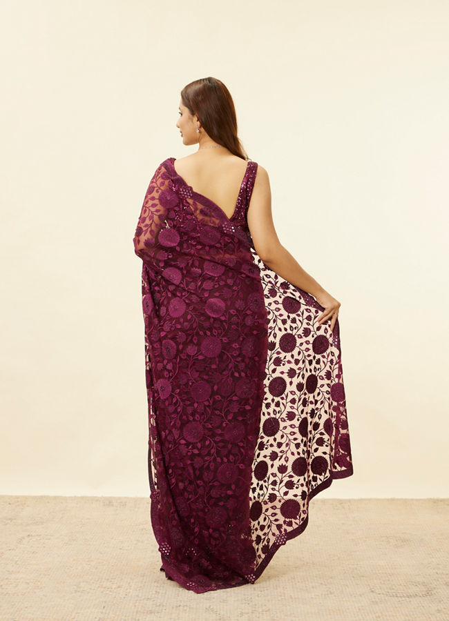 Mohey Women Wine Red Floral Embroidered Saree