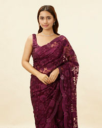 Mohey Women Wine Red Floral Embroidered Saree