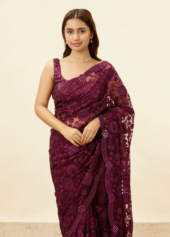 Mohey Women Wine Red Floral Embroidered Saree